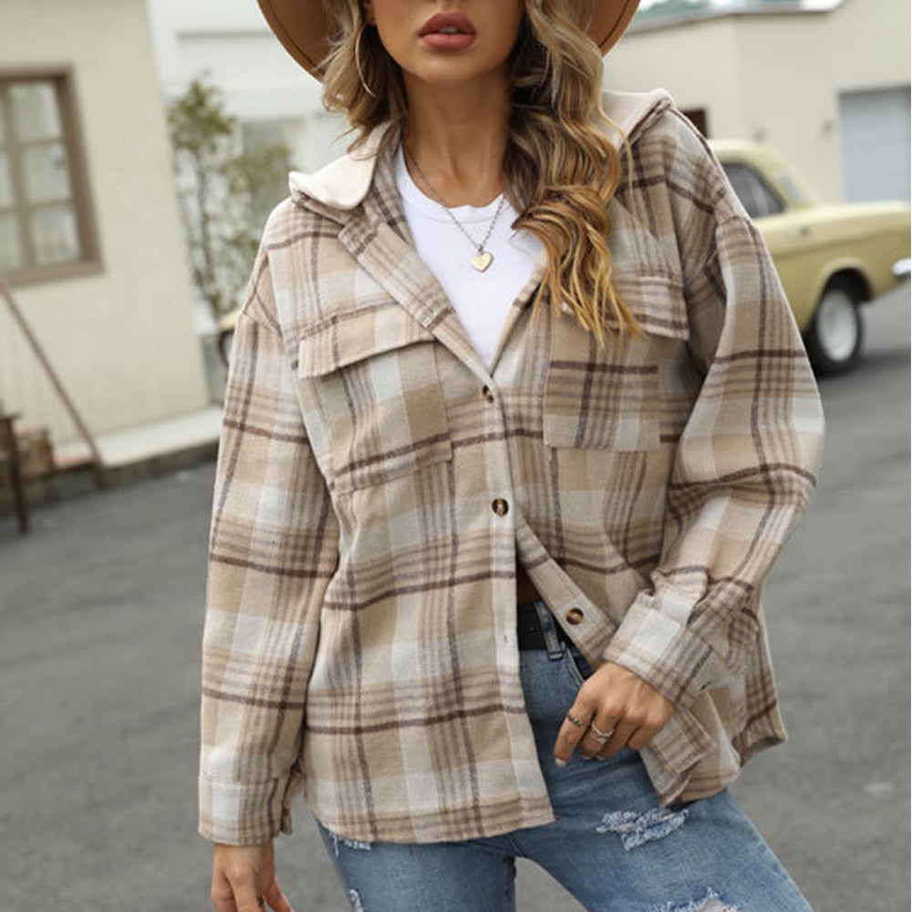 Lodowylabedz Nowa jesienna kurtka w kratę z długim rękawem i kapturem