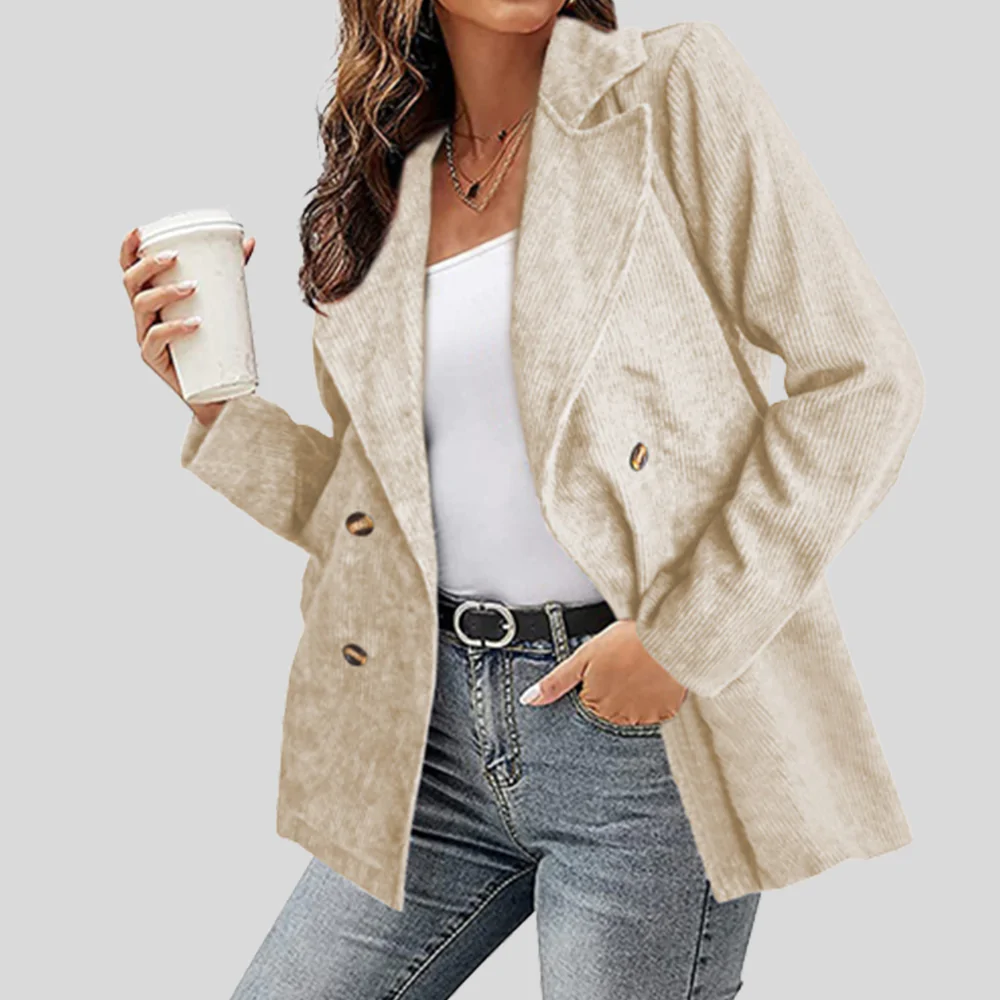 Lodowylabedz Nowa, jesienno-zimowa, sztruksowa marynarka damska w jednolitym kolorze, zapinana na guziki