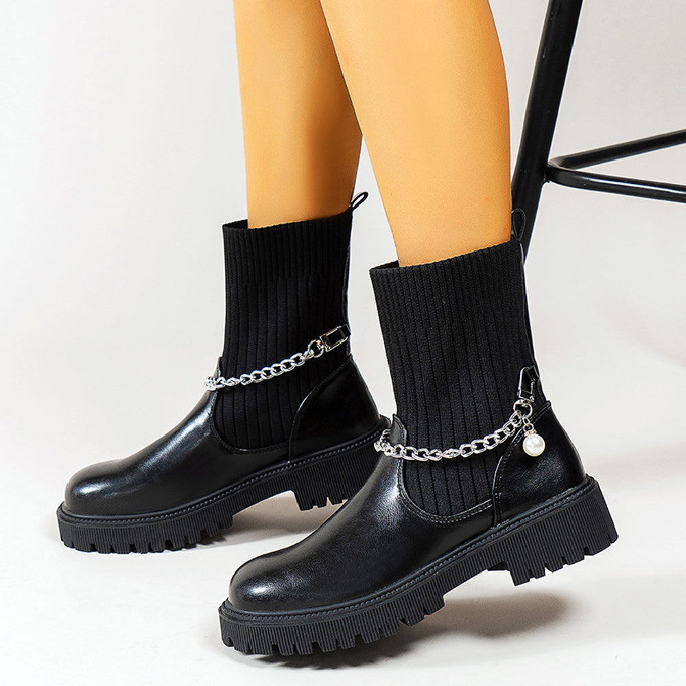 Damskie dzianinowe botki z łańcuszkiem na średnim obcasie jesień i zima nowość