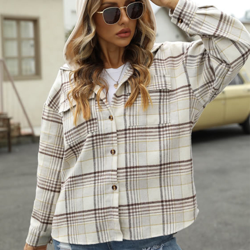 Lodowylabedz Nowa jesienna kurtka w kratę z długim rękawem i kapturem