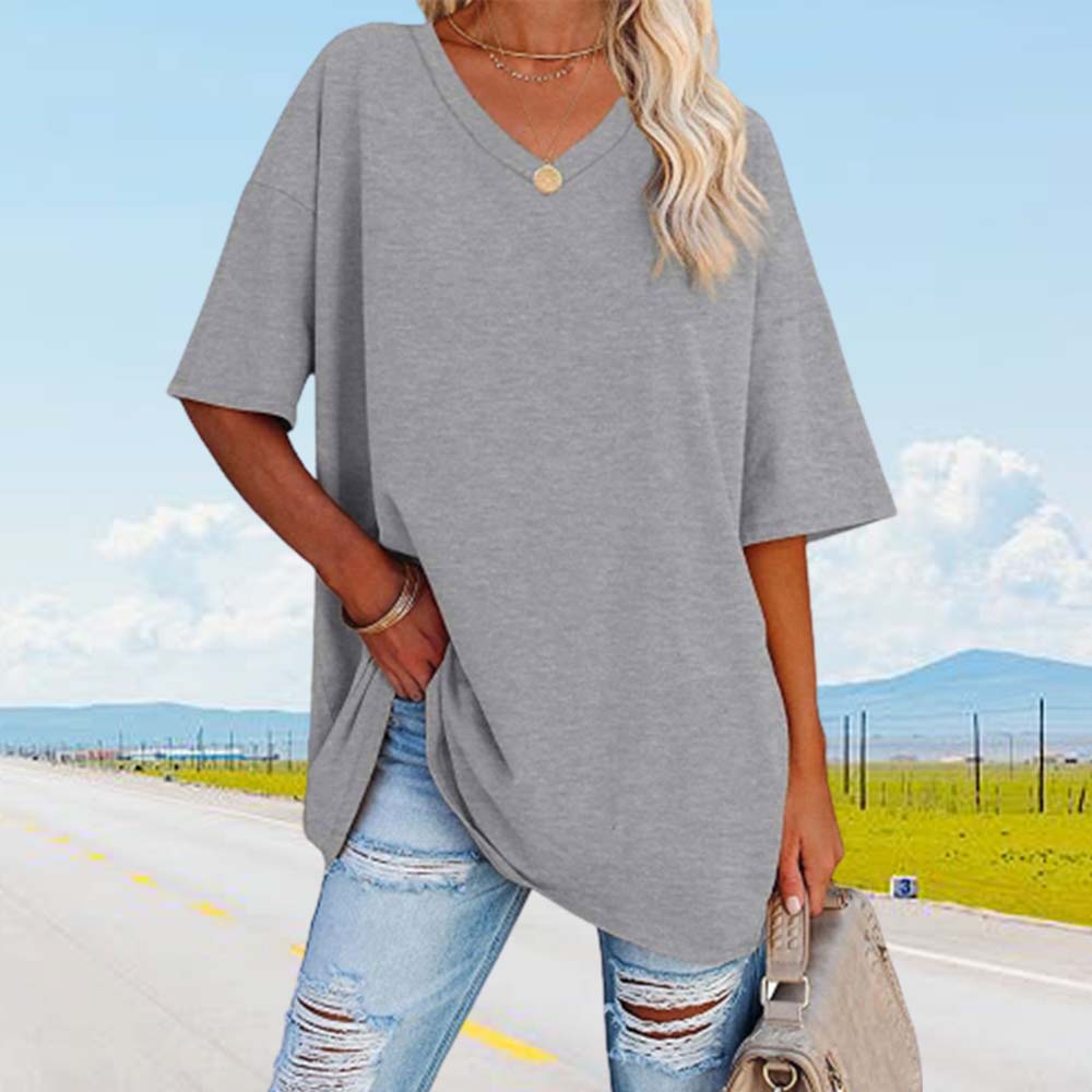 Lodowylabedz Nowy luźny bawełniany top z pół rękawami i dekoltem w szpic