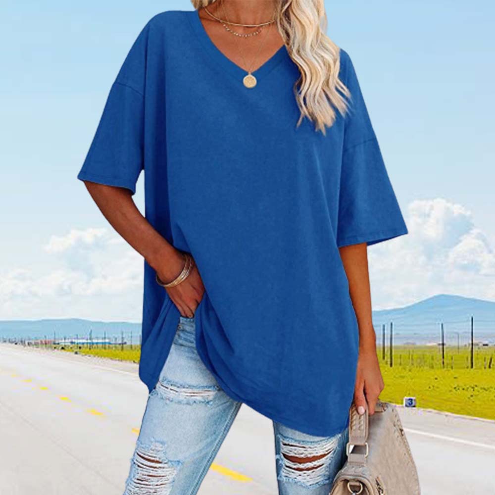 Lodowylabedz Nowy luźny bawełniany top z pół rękawami i dekoltem w szpic