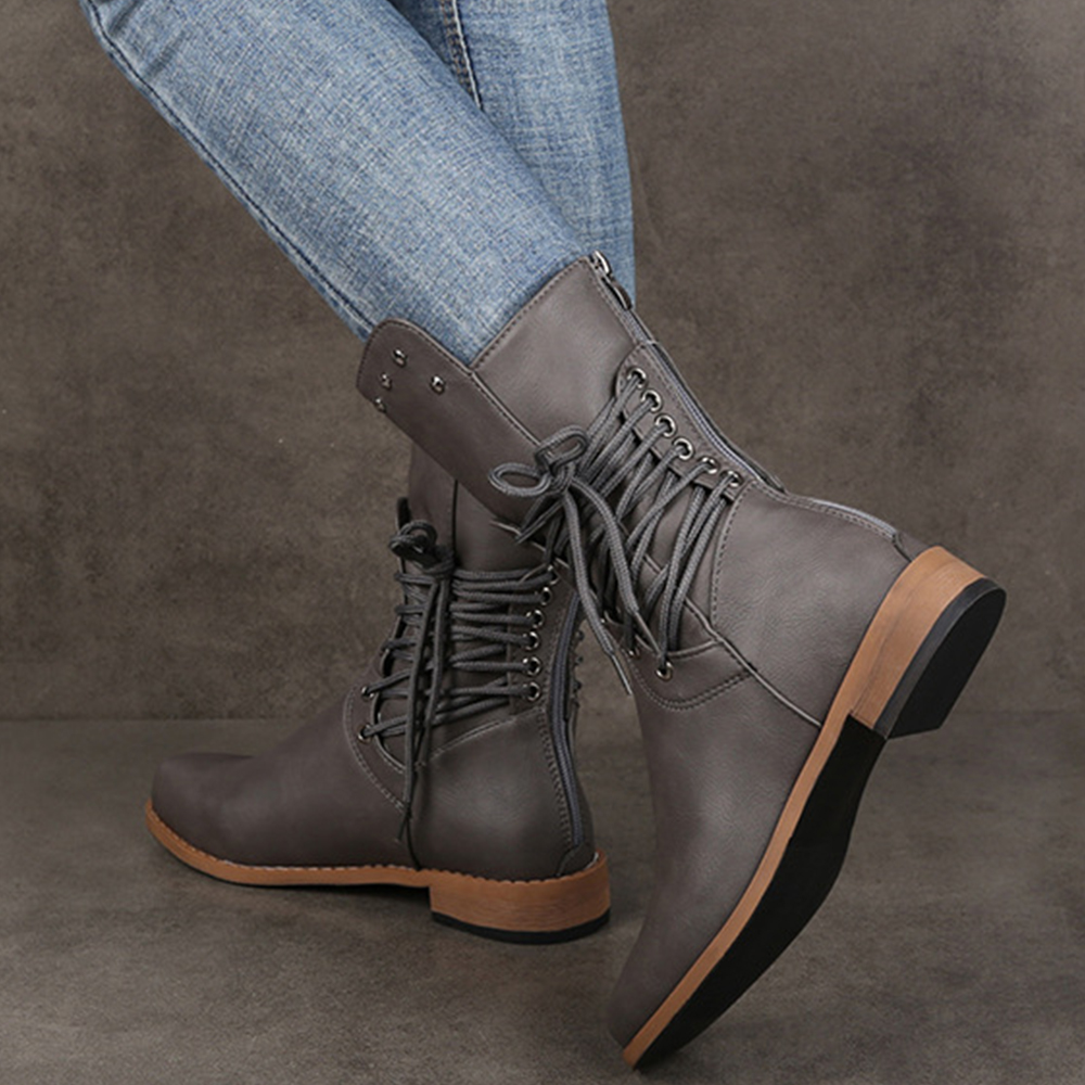 Lodowylabedz Damskie skórzane buty do połowy łydki w nowym stylu, w jednolitym kolorze, zapinane z tyłu