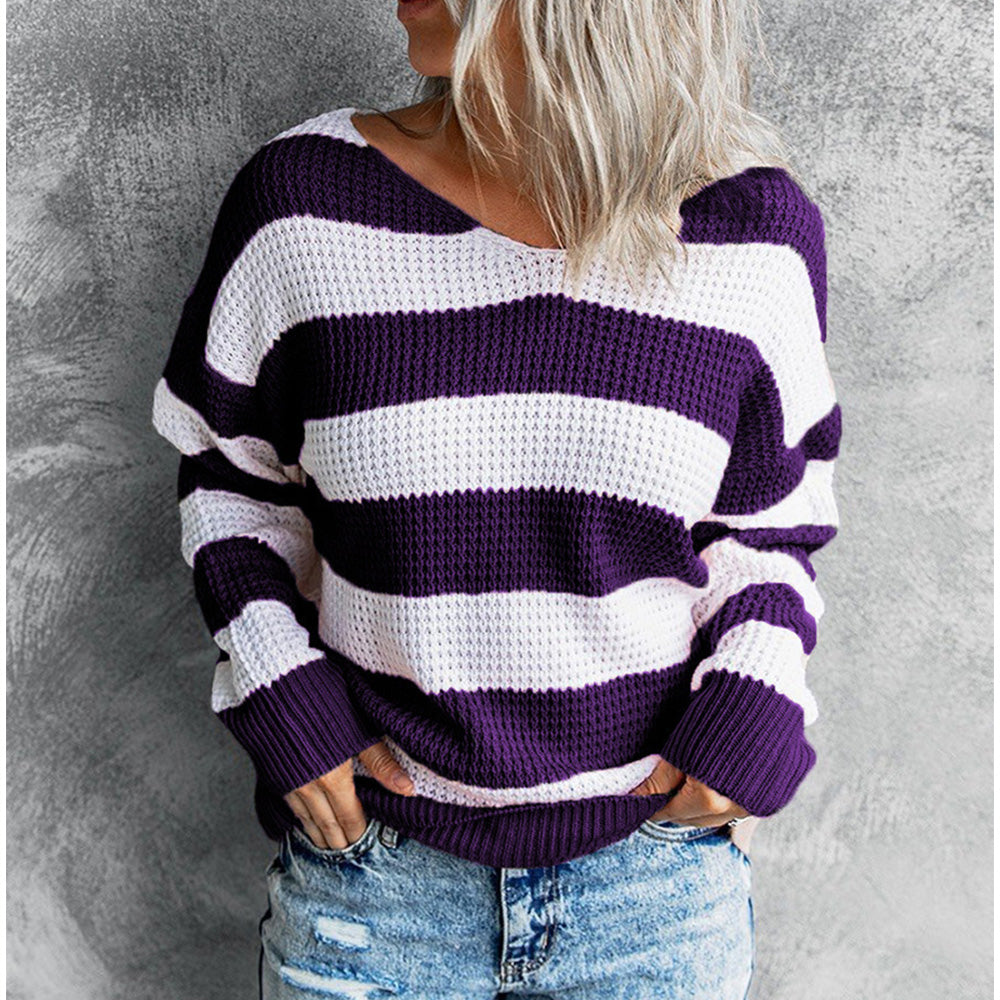 Jesienna i zimowa nowa bluza w paski, sweter z dzianiny z dekoltem w serek