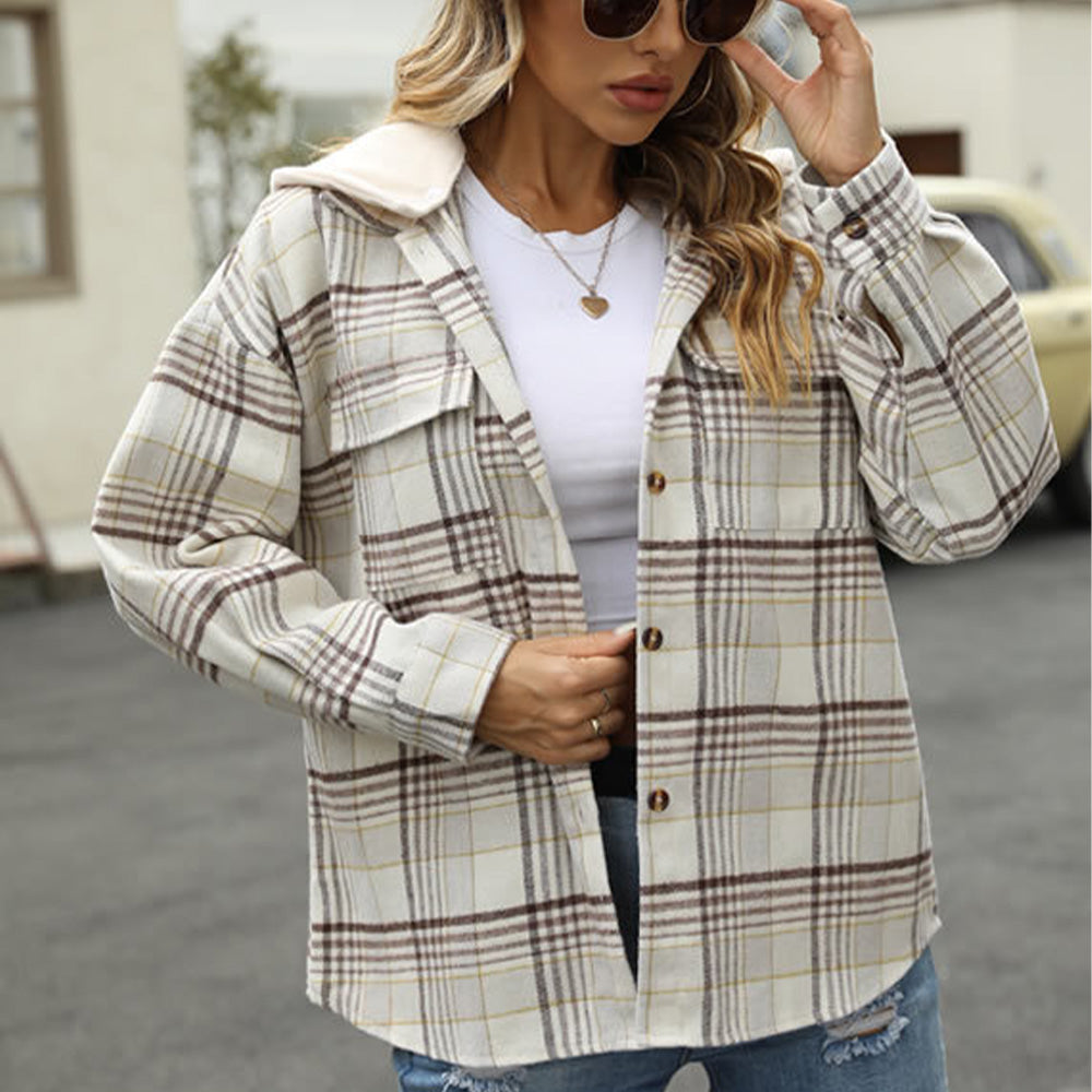 Lodowylabedz Nowa jesienna kurtka w kratę z długim rękawem i kapturem