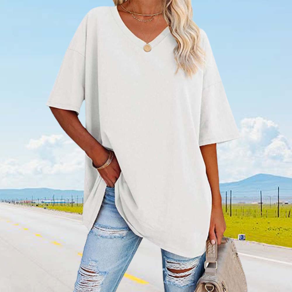 Lodowylabedz Nowy luźny bawełniany top z pół rękawami i dekoltem w szpic