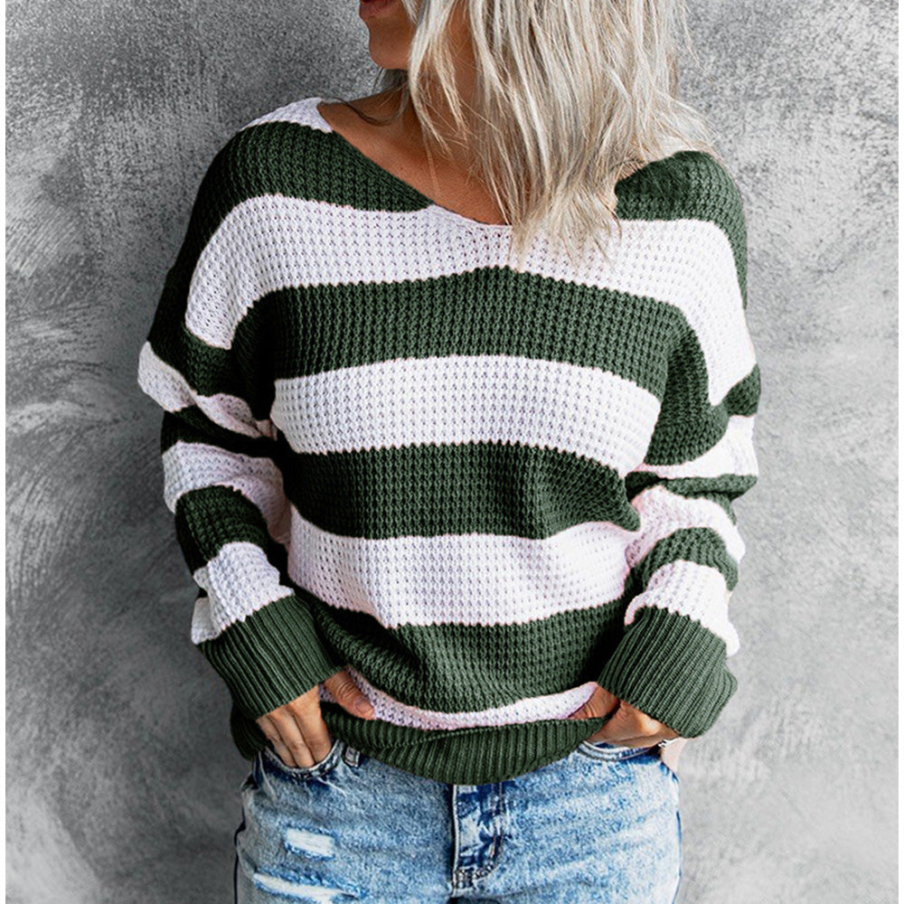 Jesienna i zimowa nowa bluza w paski, sweter z dzianiny z dekoltem w serek