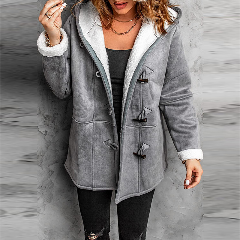 Damska kurtka z kapturem i guzikami z kaszmiru Sherpa Horn