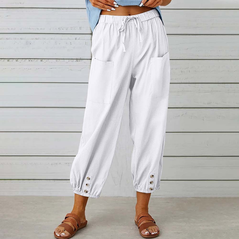 Lodowylabedz Spodnie damskie z szerokimi nogawkami, zapinane na guziki, z bawełny i lnu