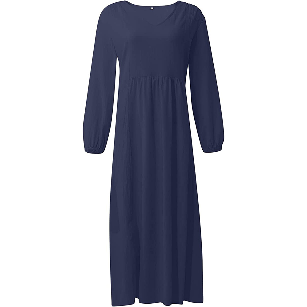 Lodowylabedz Nowa luźna sukienka z długimi rękawami z bawełny i lnu z dekoltem w szpic