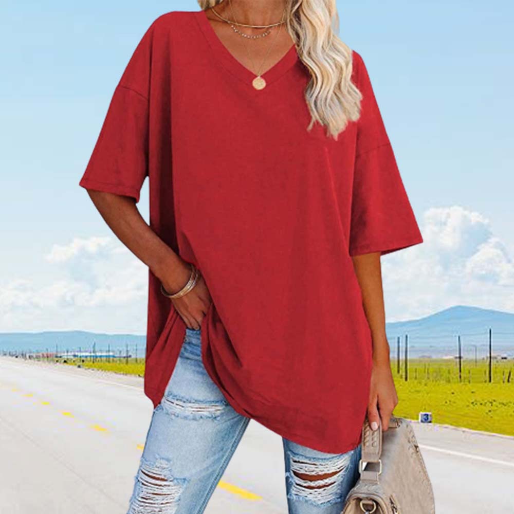 Lodowylabedz Nowy luźny bawełniany top z pół rękawami i dekoltem w szpic