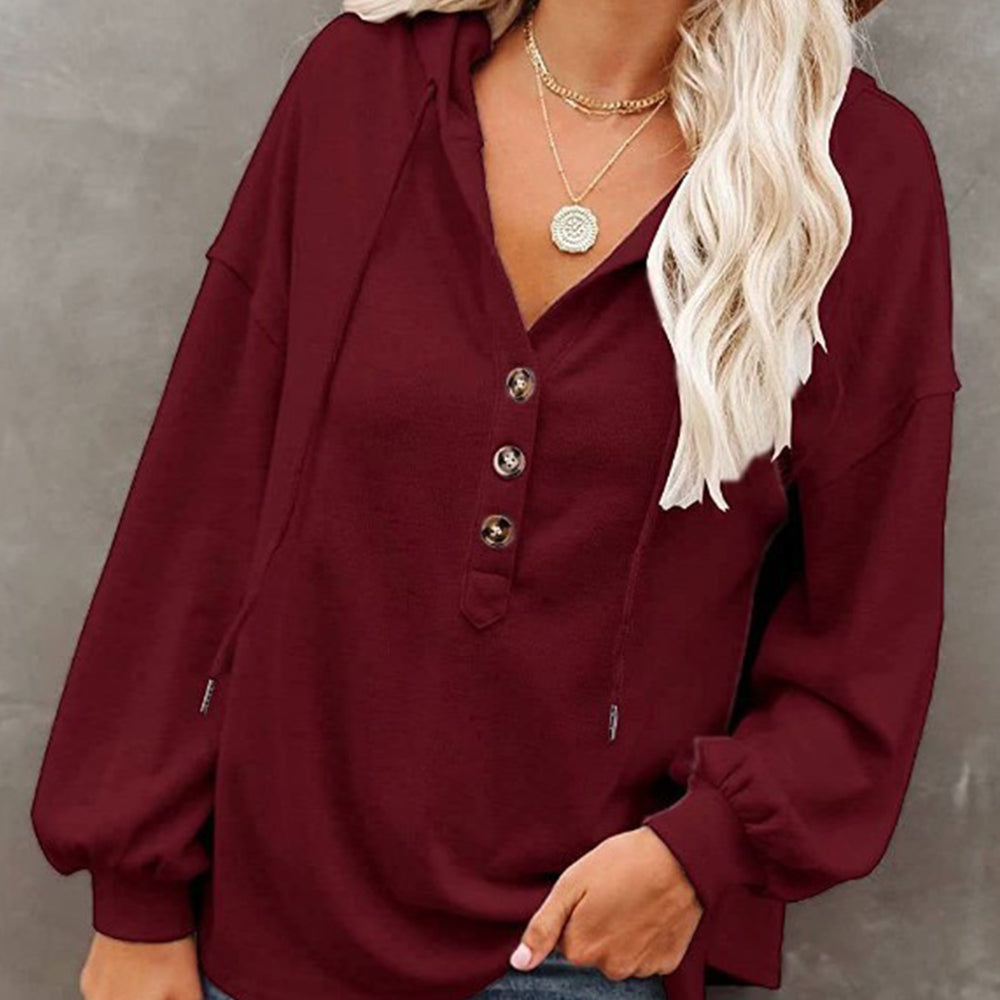 2022 Damski jesienno-zimowy sweter z kapturem z długimi rękawami i guzikami