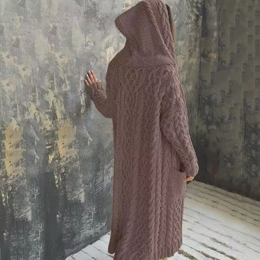 Długi damski jesienno-zimowy jednokolorowy luźny sweter rozpinany sweter płaszcz