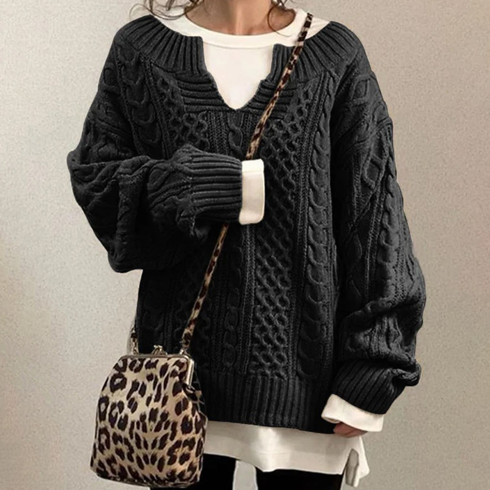 Damski nowy jesienno-zimowy sweter z dekoltem w serek i dzianinowym sweterkiem