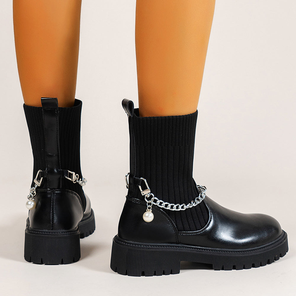 Damskie dzianinowe botki z łańcuszkiem na średnim obcasie jesień i zima nowość