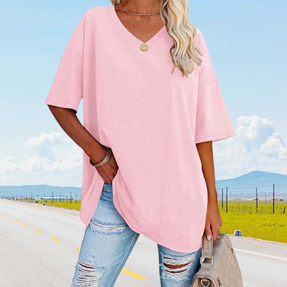 Lodowylabedz Nowy luźny bawełniany top z pół rękawami i dekoltem w szpic