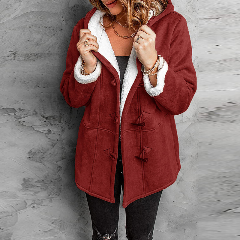 Damska kurtka z kapturem i guzikami z kaszmiru Sherpa Horn