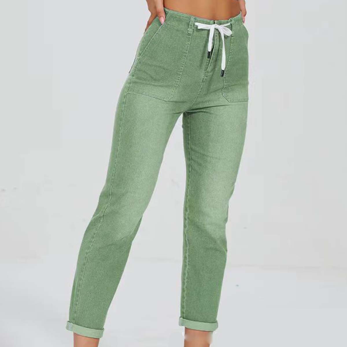 Lodowylabedz Wąskie spodnie jeansowe damskie ze sznurkiem i elastyczną talią