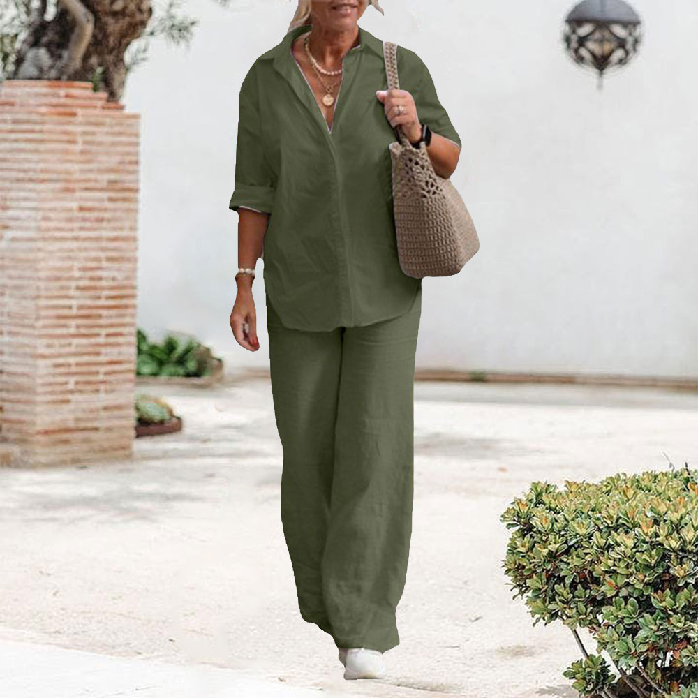 Lodowylabedz 2023 Nowa bawełniana i lniana koszula na co dzień z szerokimi nogawkami, dwuczęściowy zestaw