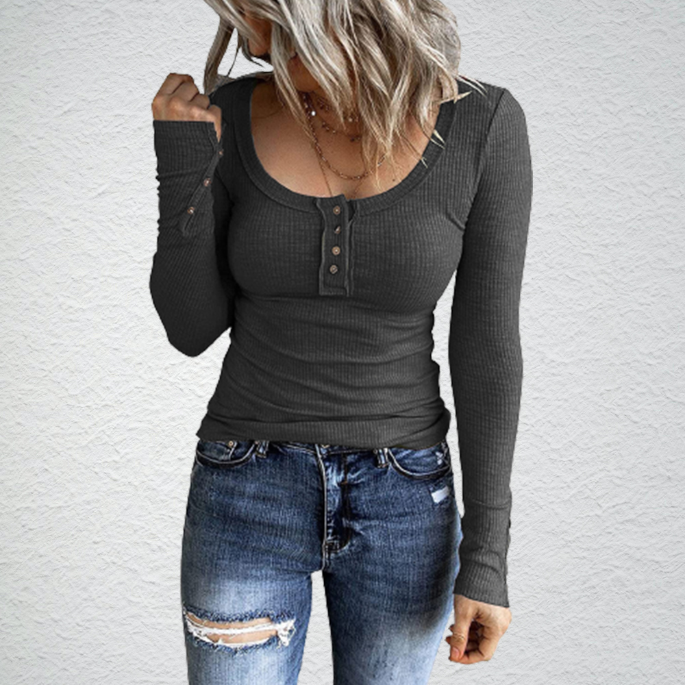 Wiosenna i jesienna damska dzianinowa bluzka z długimi rękawami, zapinana na guziki i okrągły dekolt