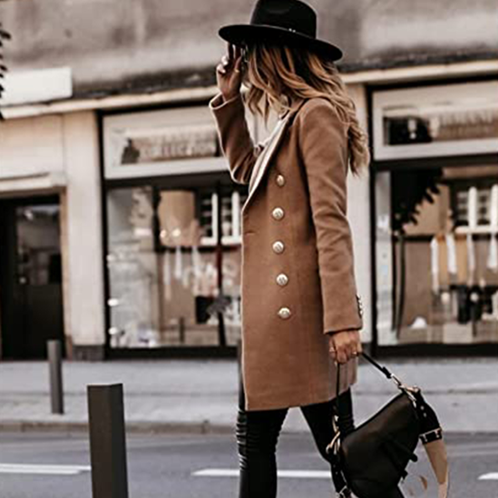 jesienno-zimowy dwurzędowy płaszcz z długimi rękawami i kołnierzykiem