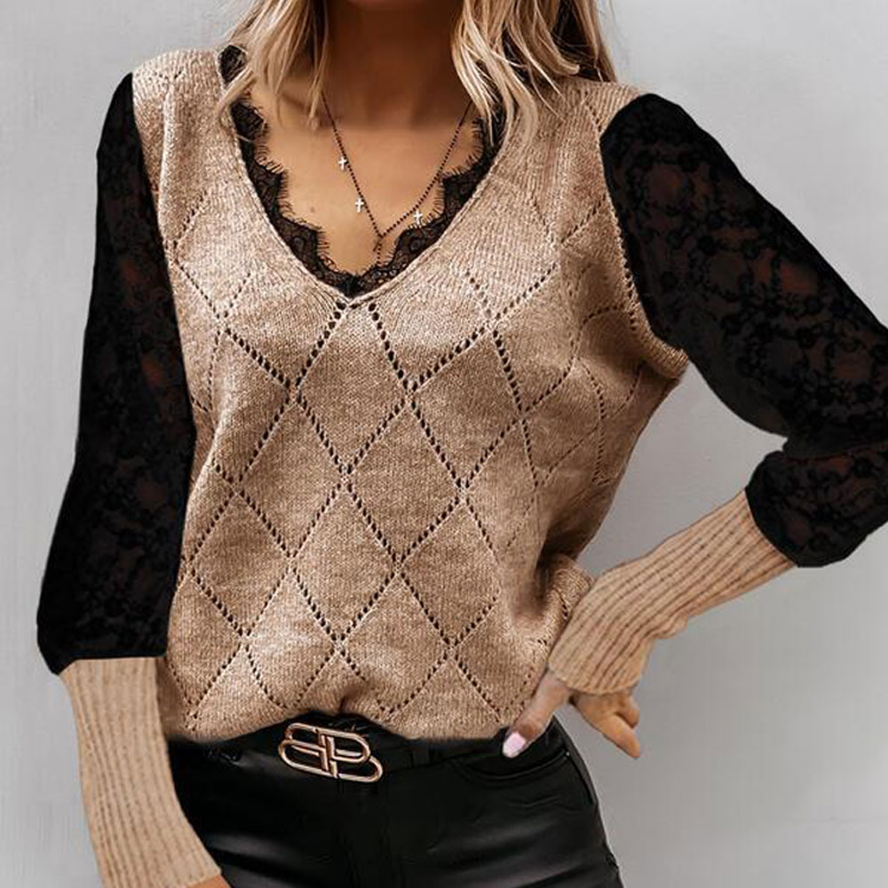 Seksowny sweter z dzianiny koronkowej z dekoltem w szpic i diamentami