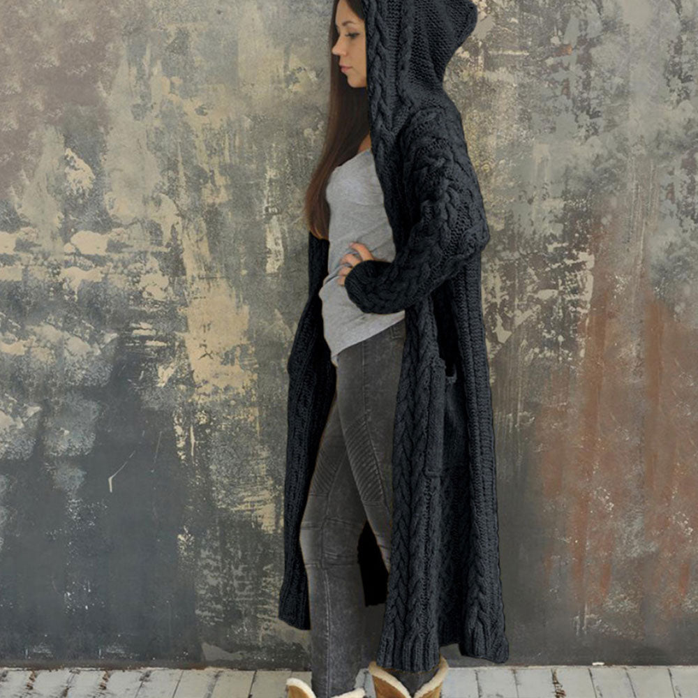 Długi damski jesienno-zimowy jednokolorowy luźny sweter rozpinany sweter płaszcz