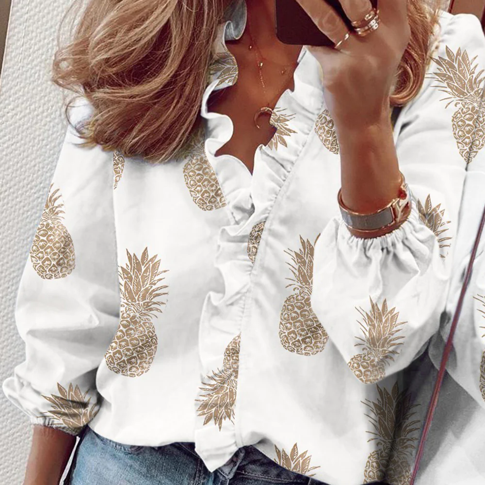 Lodowylabedz Wiosenna i letnia nowa koszula z długimi rękawami z dekoltem w szpic