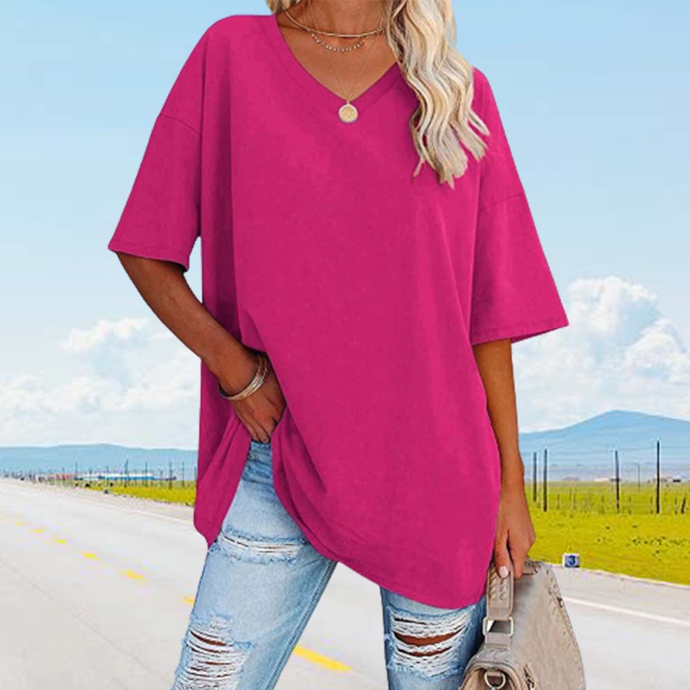 Lodowylabedz Nowy luźny bawełniany top z pół rękawami i dekoltem w szpic