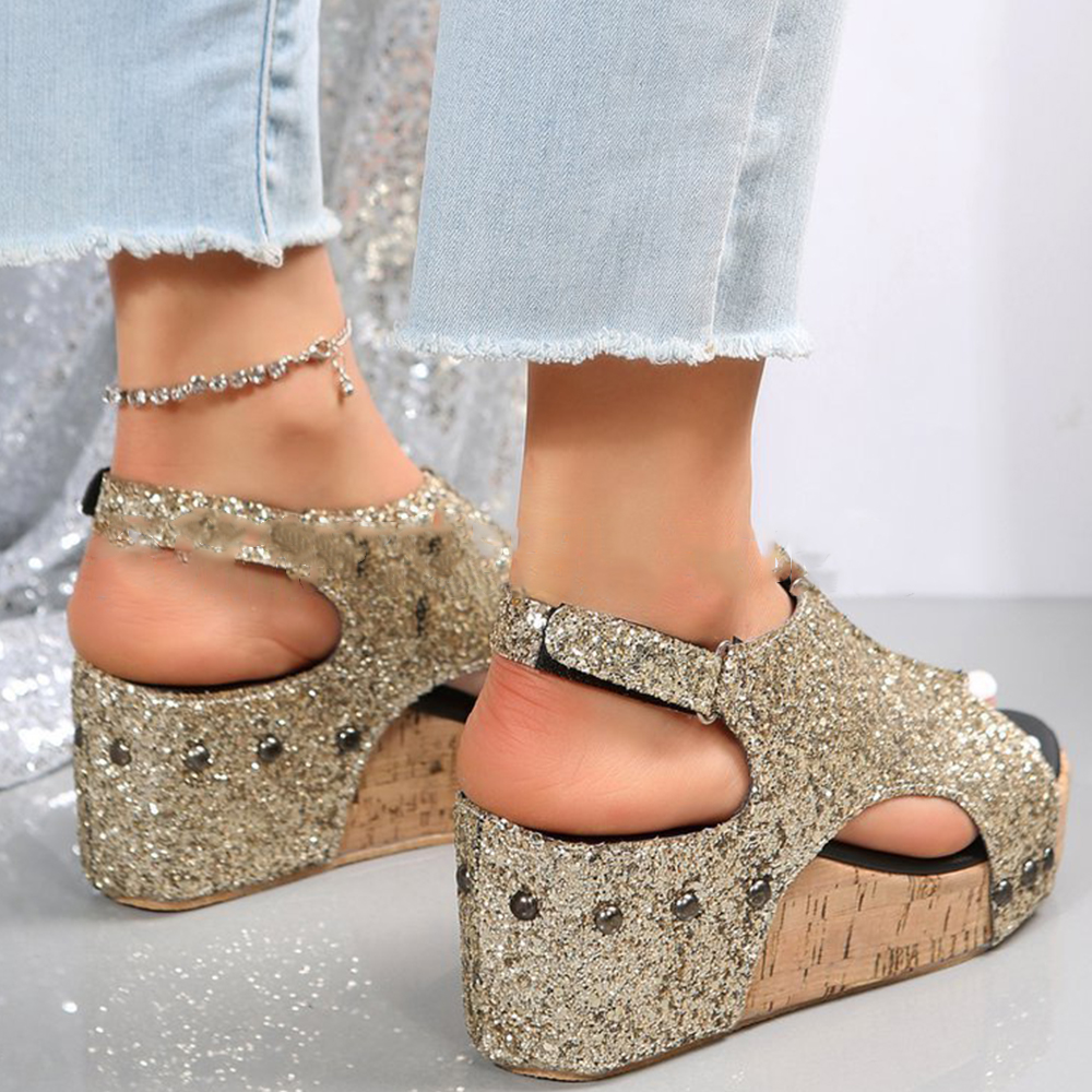 Lodowylabedz Summer Fashion błyszczące sandały na koturnie Fishmouth