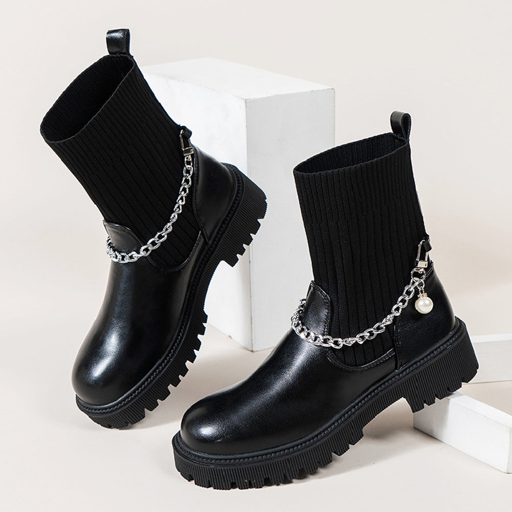 Damskie dzianinowe botki z łańcuszkiem na średnim obcasie jesień i zima nowość