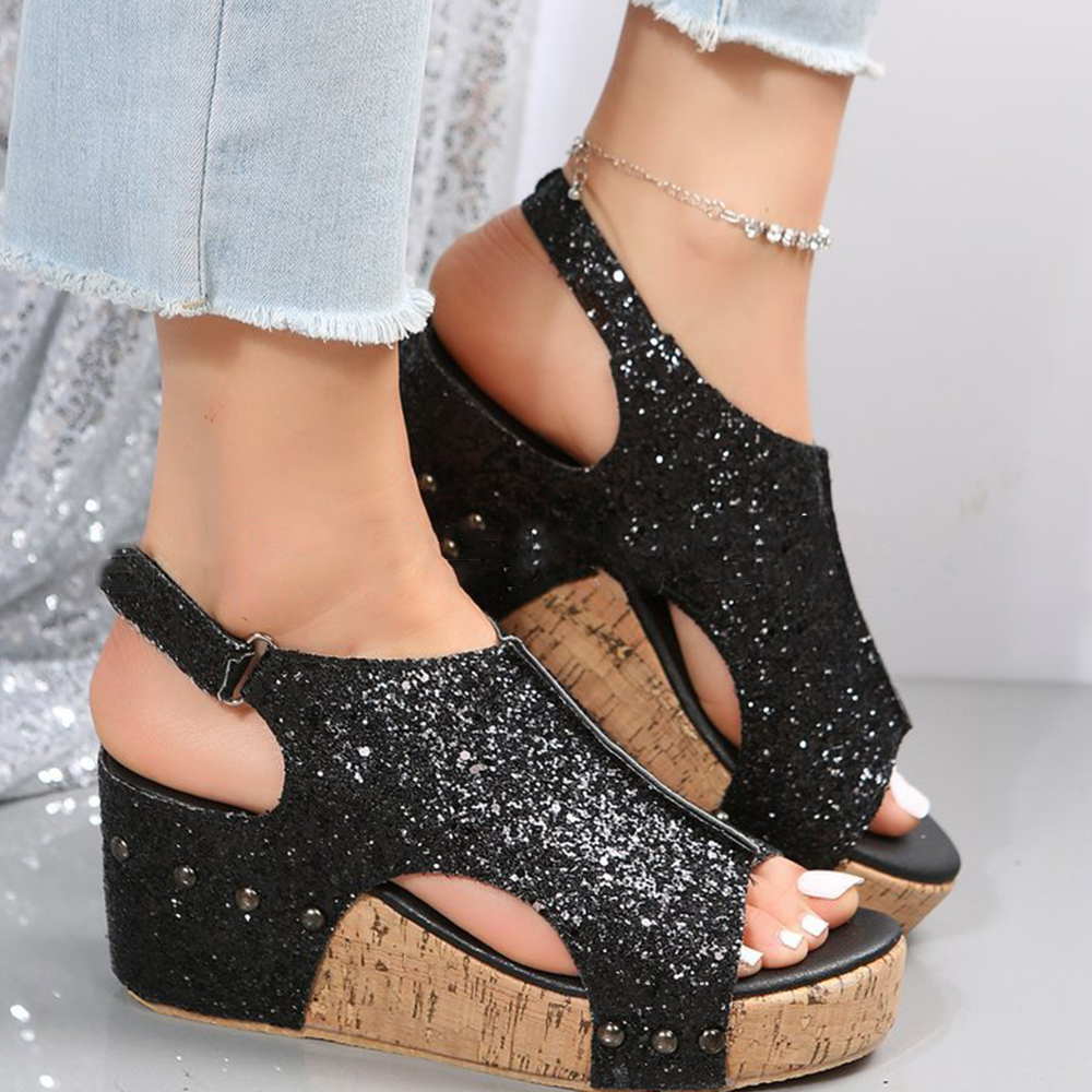 Lodowylabedz Summer Fashion błyszczące sandały na koturnie Fishmouth