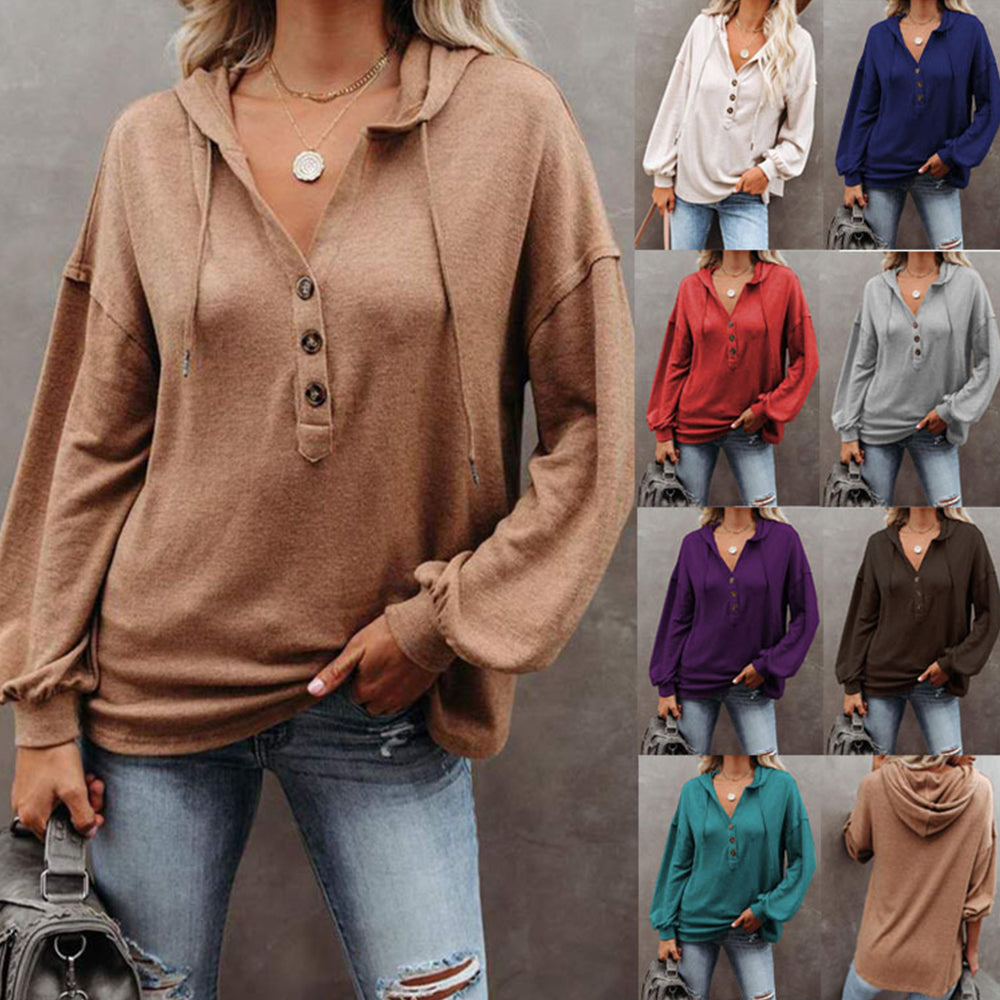 2022 Damski jesienno-zimowy sweter z kapturem z długimi rękawami i guzikami