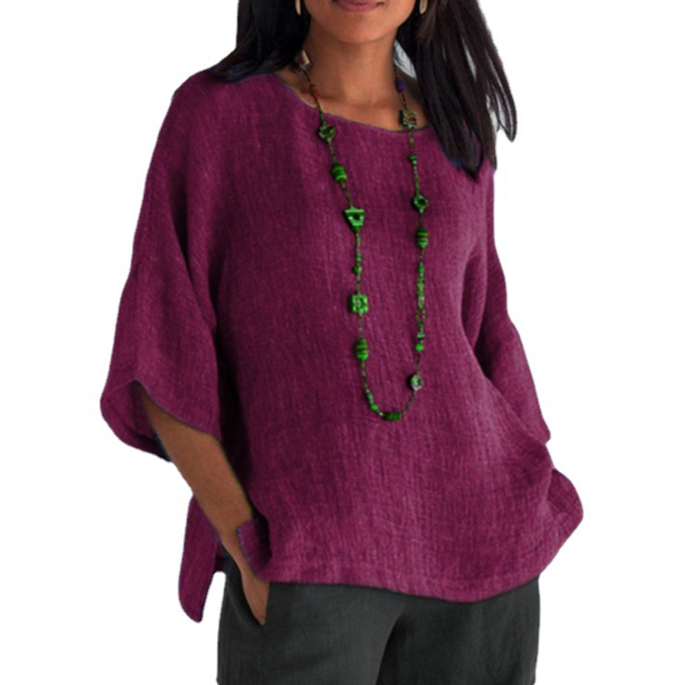 Lodowylabedz Lniano-bawełniany top koszulowy z okrągłym dekoltem i rękawami 3/4