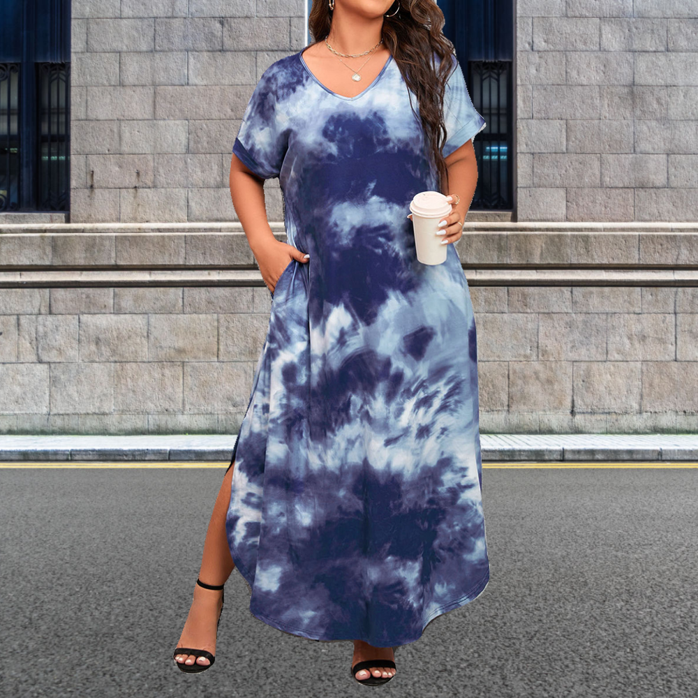 Lodowylabedz Letnia nowa sukienka w dużym rozmiarze tie-dye z krótkimi rękawami i długą spódnicą