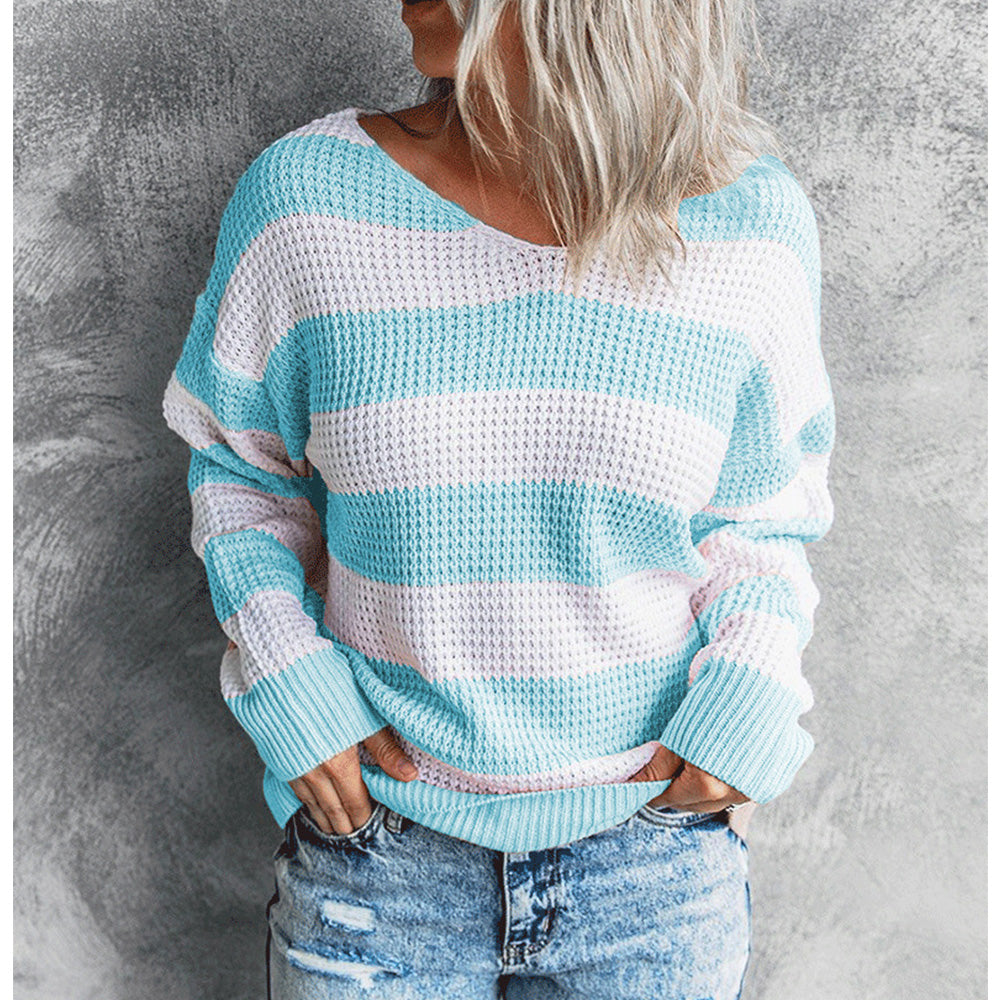 Jesienna i zimowa nowa bluza w paski, sweter z dzianiny z dekoltem w serek