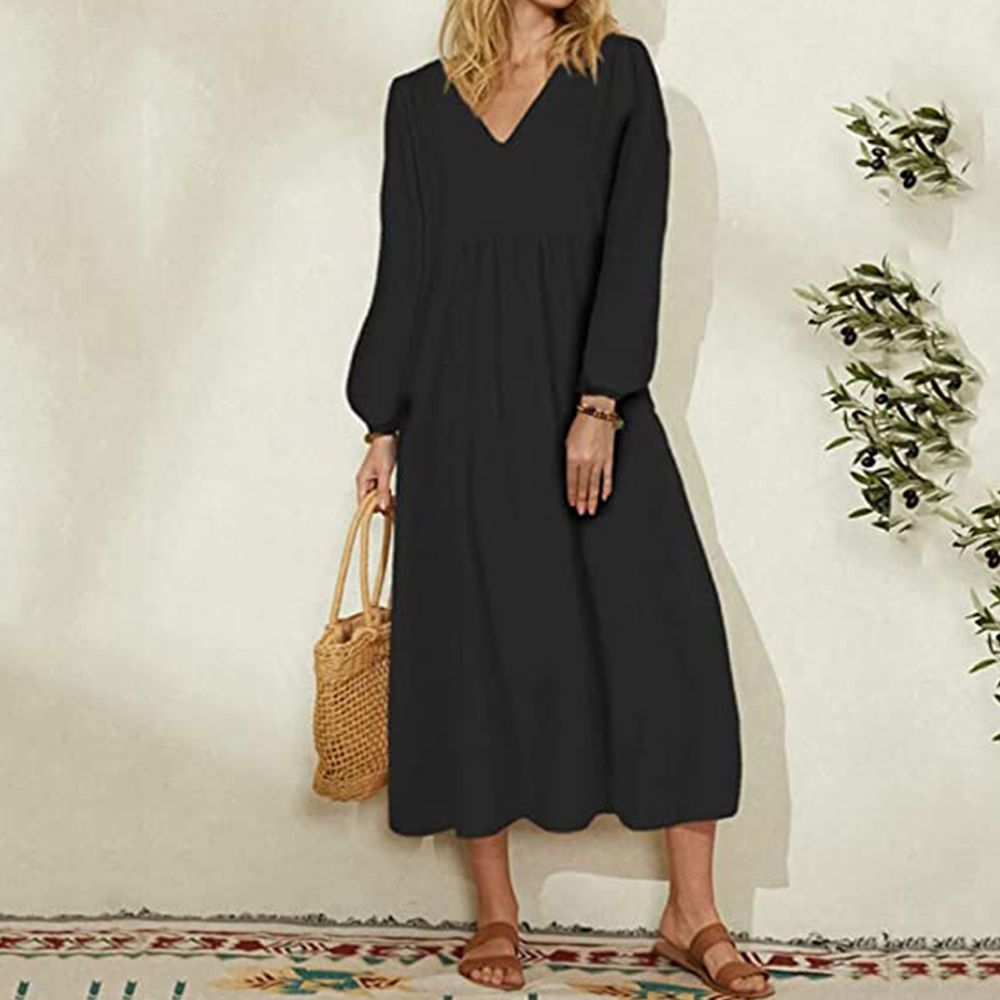 Lodowylabedz Nowa luźna sukienka z długimi rękawami z bawełny i lnu z dekoltem w szpic