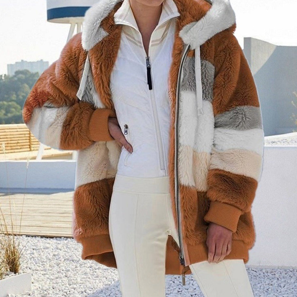 Damska jesienno-zimowa nowa patchworkowa pluszowa kurtka z kapturem