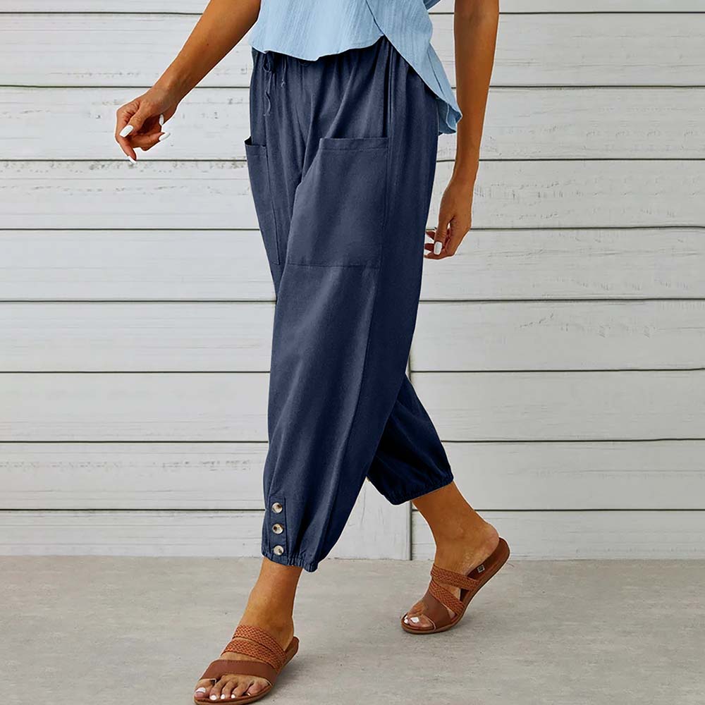 Lodowylabedz Spodnie damskie z szerokimi nogawkami, zapinane na guziki, z bawełny i lnu