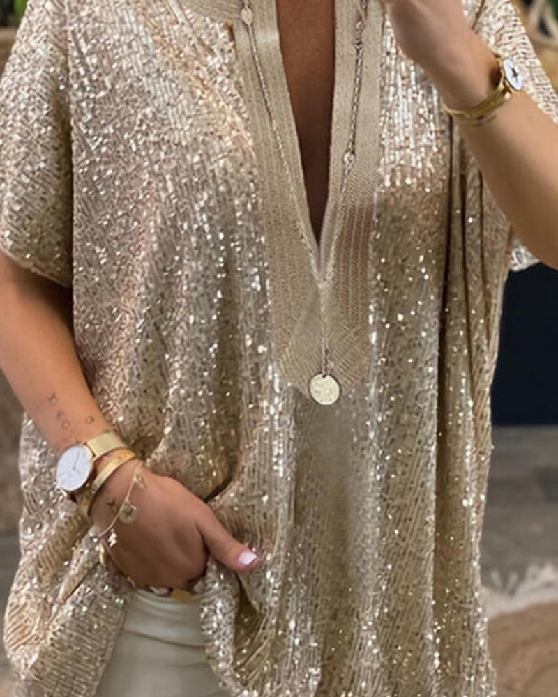 Luźna Cekinowa Bluzka Tunika