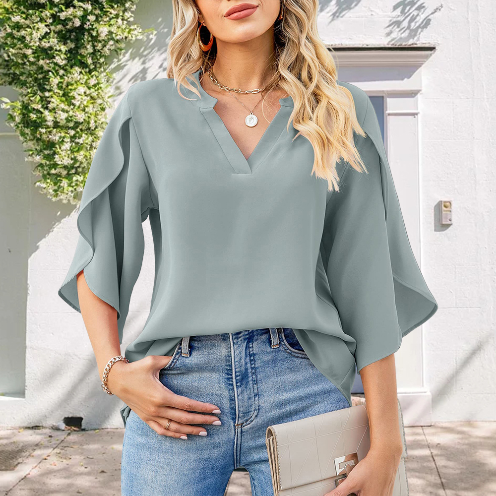 Lodowylabedz Luźna szyfonowa koszula z dekoltem w kształcie litery V z płatkami rękawów