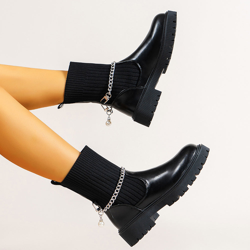 Damskie dzianinowe botki z łańcuszkiem na średnim obcasie jesień i zima nowość