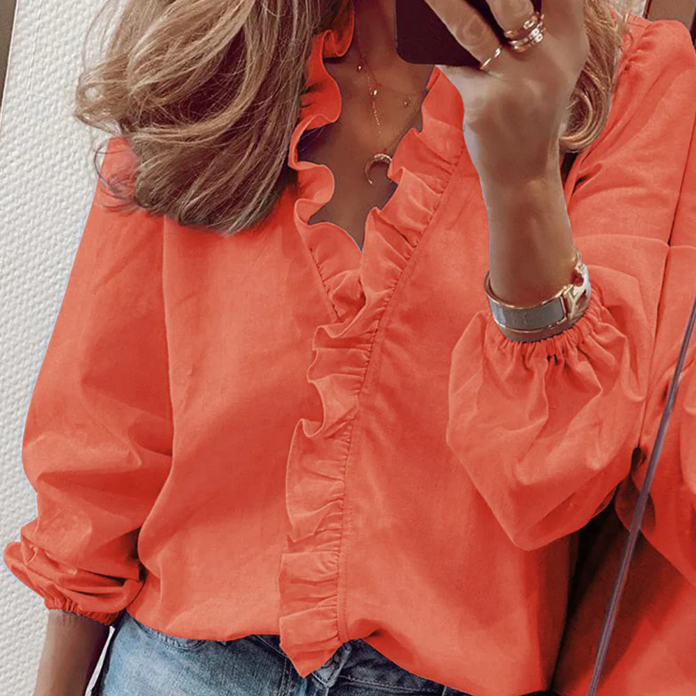 Lodowylabedz Wiosenna i letnia nowa koszula z długimi rękawami z dekoltem w szpic