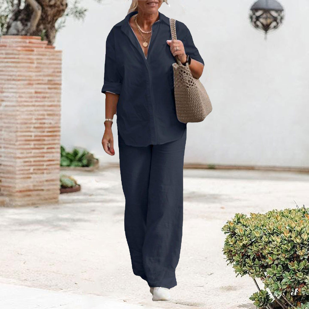 Lodowylabedz 2023 Nowa bawełniana i lniana koszula na co dzień z szerokimi nogawkami, dwuczęściowy zestaw