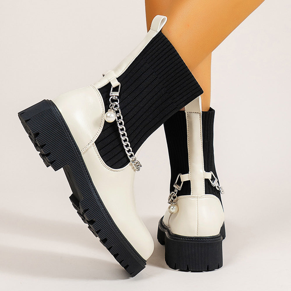 Damskie dzianinowe botki z łańcuszkiem na średnim obcasie jesień i zima nowość