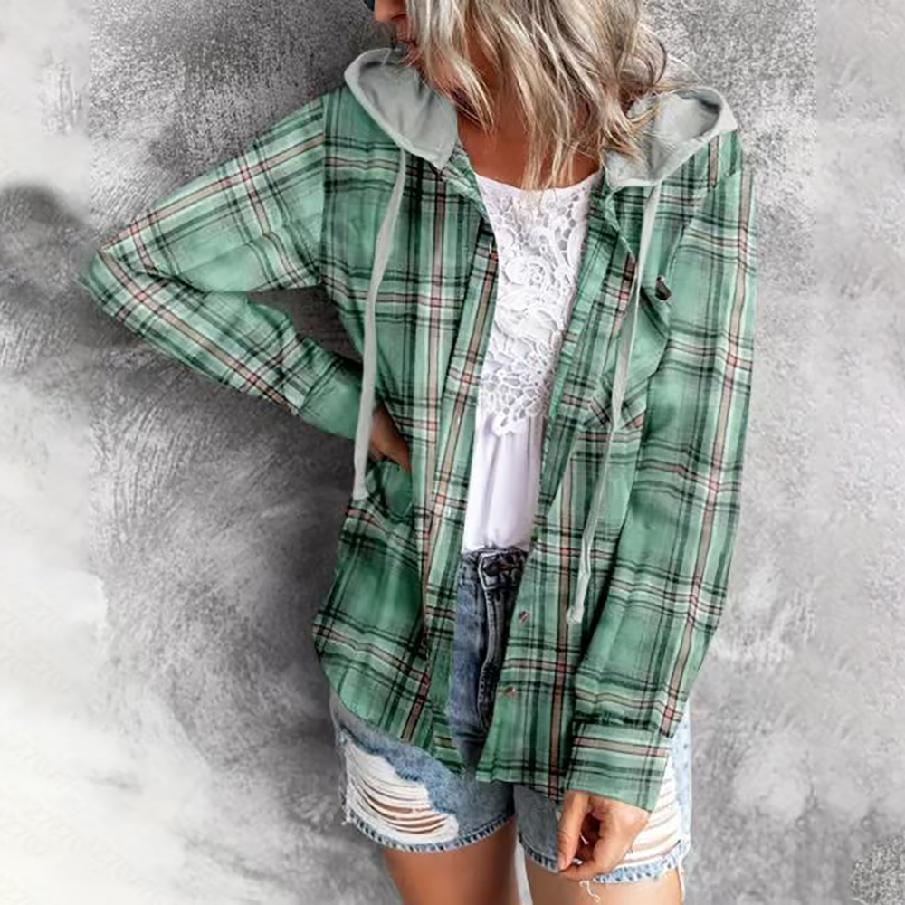 Lodowylabedz Jesienna nowa damska kurtka z kapturem i koszulą w kratę