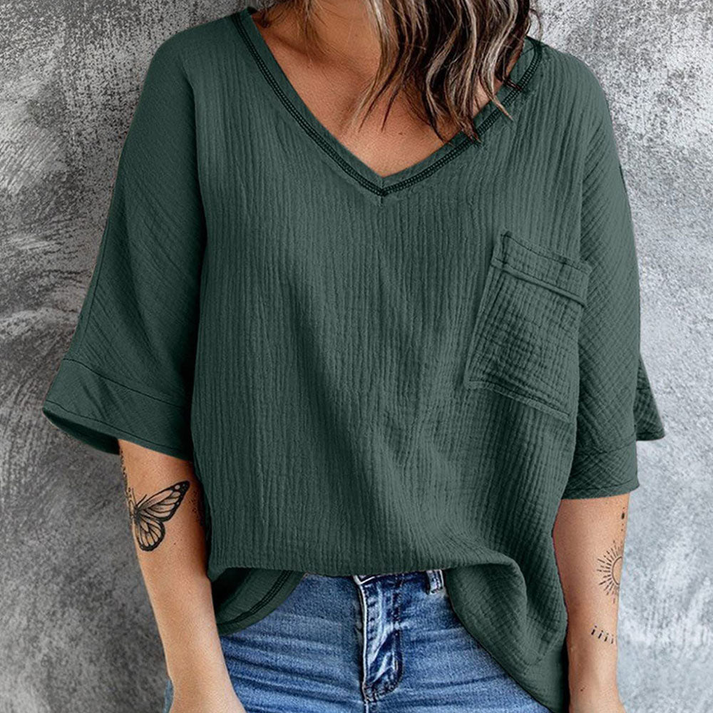 Modne jednokolorowe krótkie rękawy z dekoltem w szpic