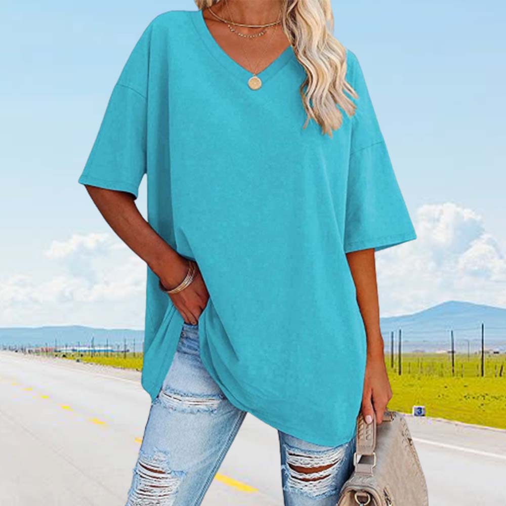 Lodowylabedz Nowy luźny bawełniany top z pół rękawami i dekoltem w szpic