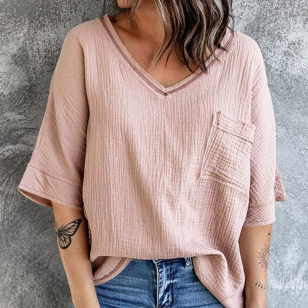 Modne jednokolorowe krótkie rękawy z dekoltem w szpic