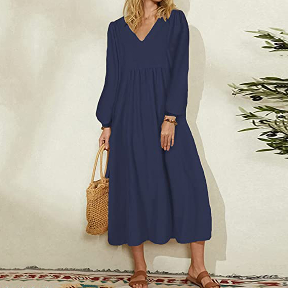 Lodowylabedz Nowa luźna sukienka z długimi rękawami z bawełny i lnu z dekoltem w szpic